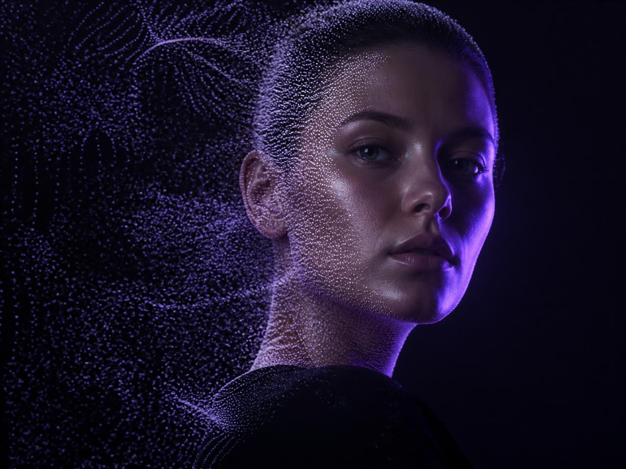 A photoreal keyframe forming out of light particles