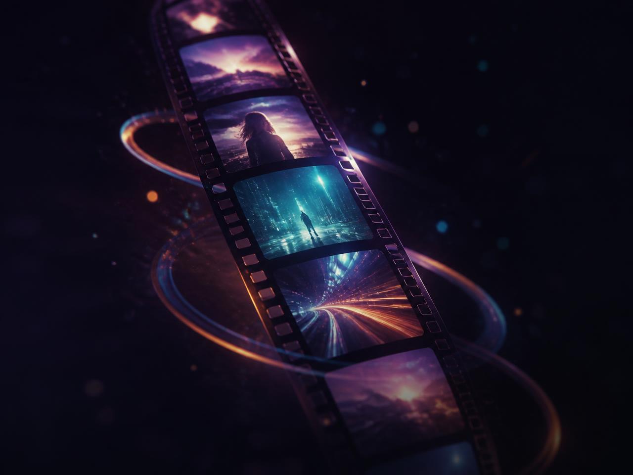A glowing film strip of cinematic frames