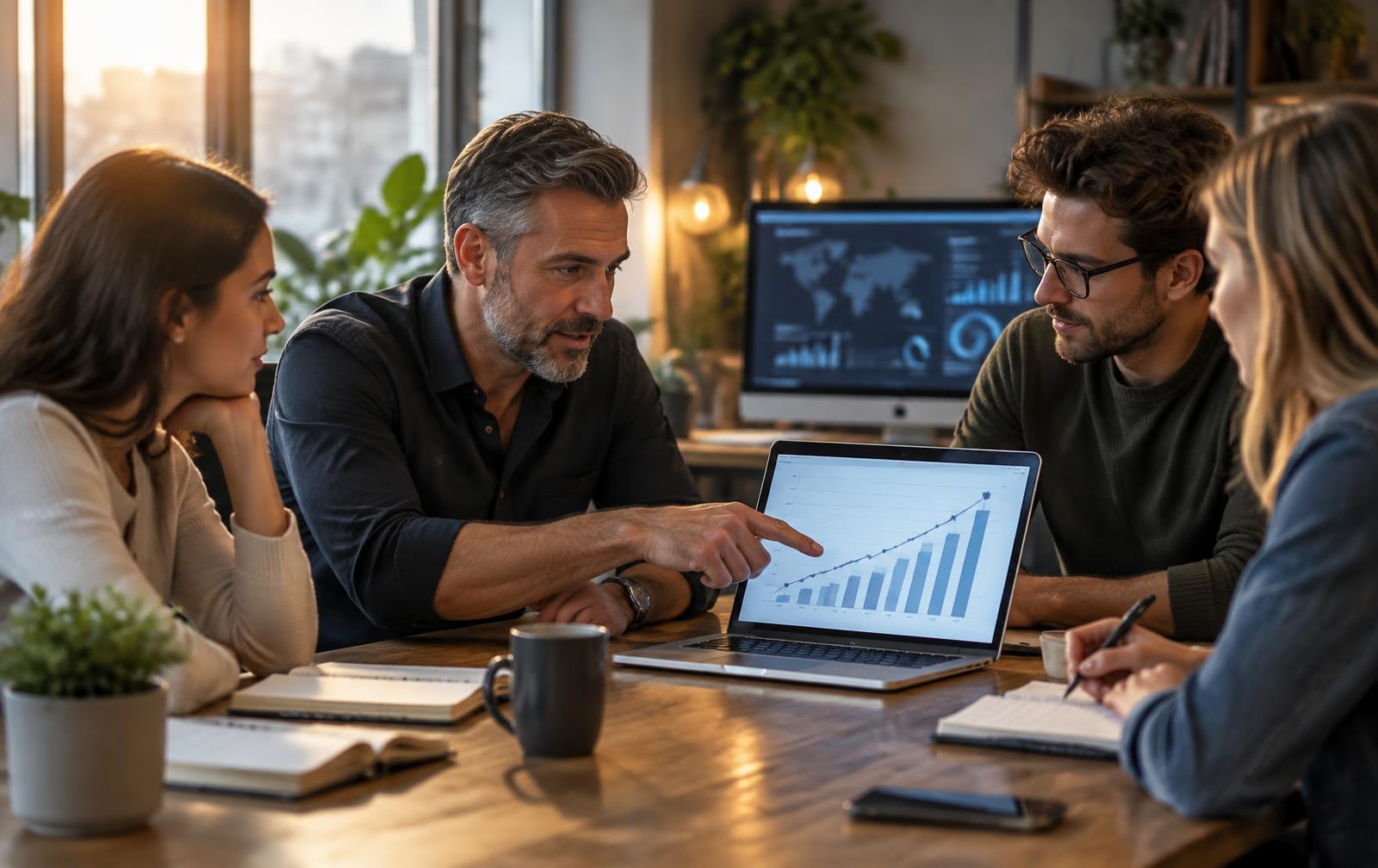 A business advisor reviewing growth with a client team